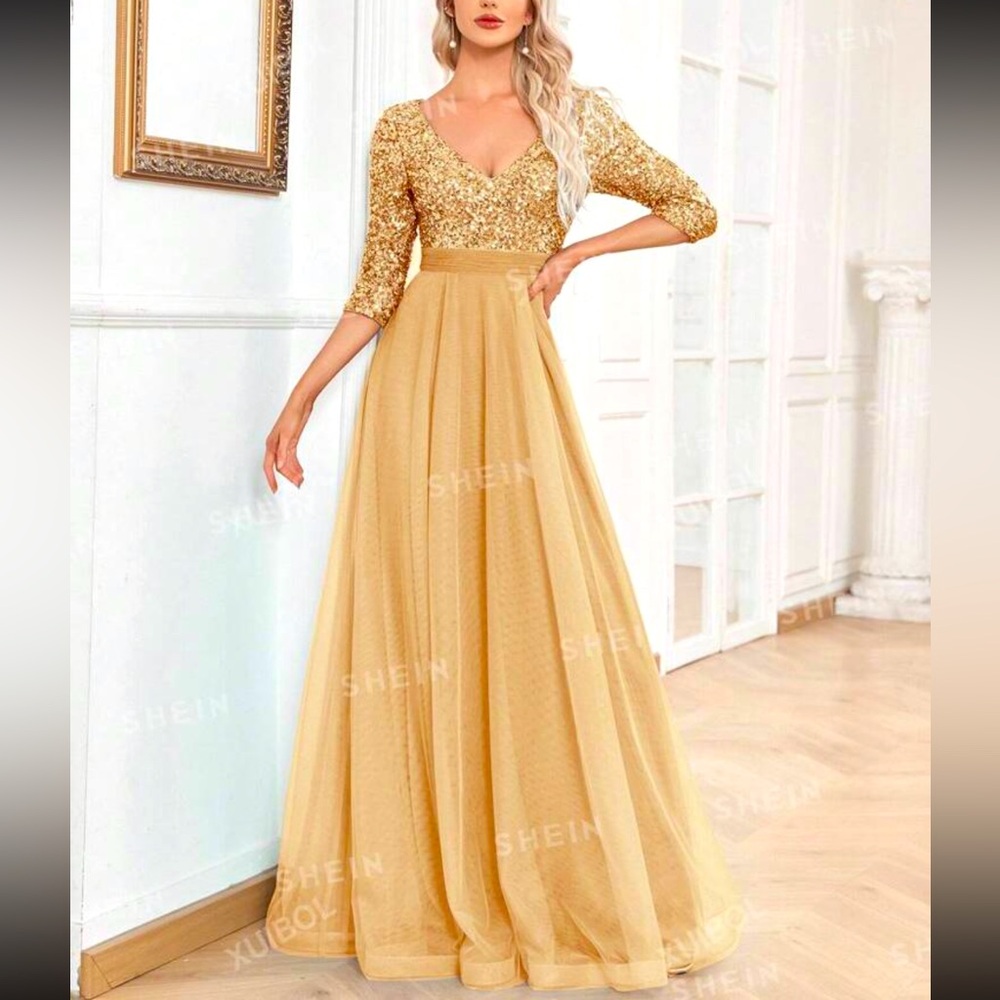 Contrast Sequin Mesh Hem A Line Long Sleeve Luxury V-Neck Evening Dress